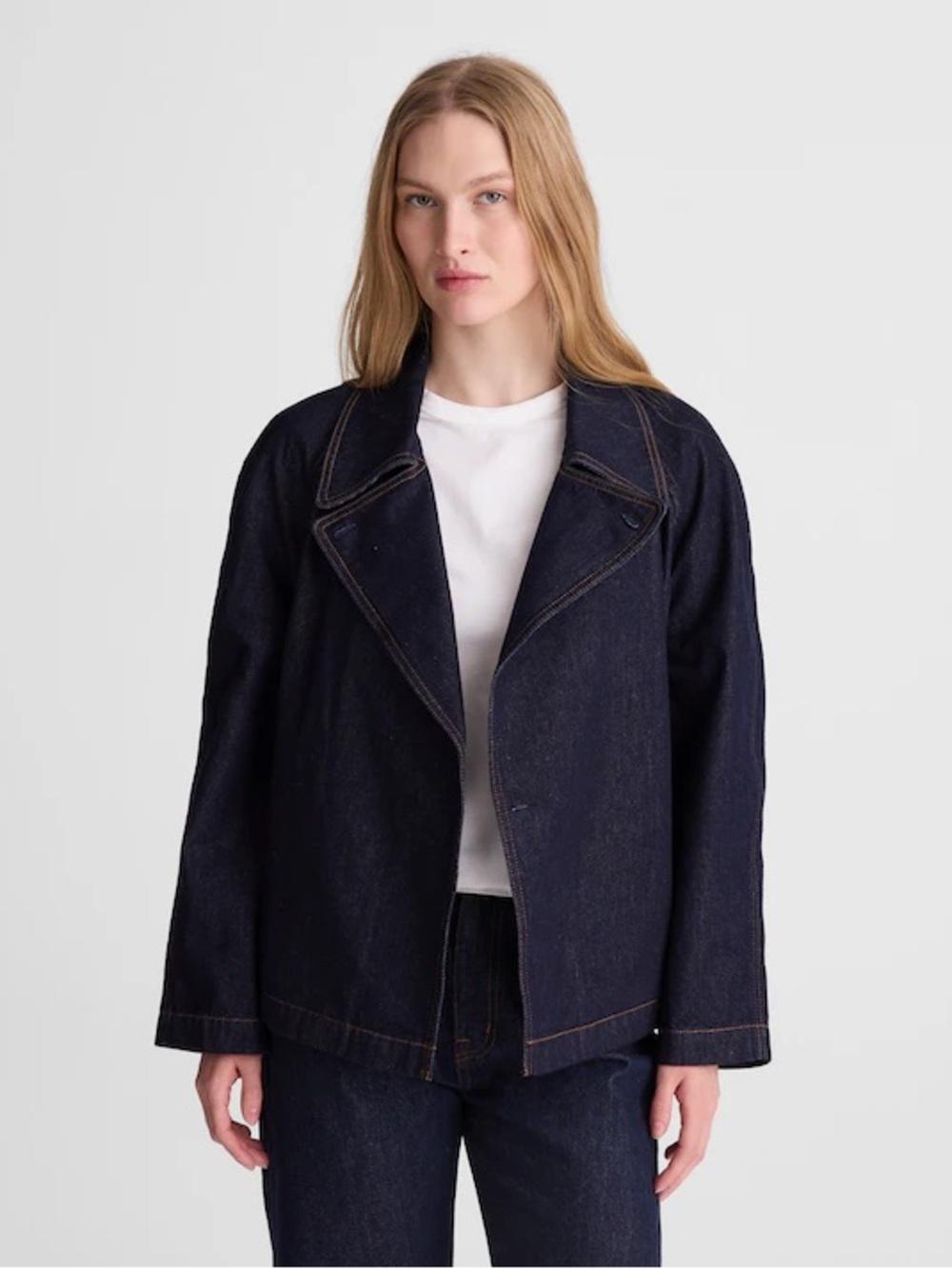 Madewell Denim Double-Breasted Crop Trench Coat Rinse Wash Rigid Size S NWT